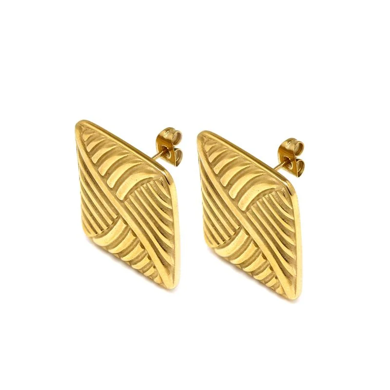 Stud Earrings for Festival Style -Ribbed Rectangle Stud Earrings - Yellow Gold