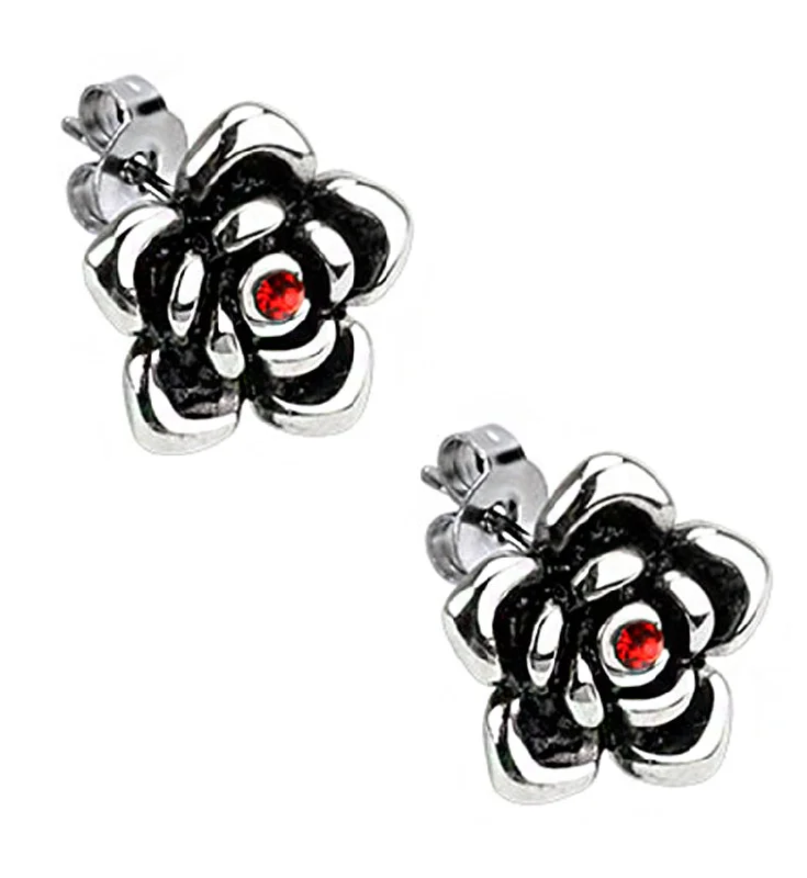 Stud Earrings with Knot Designs -Rose Blossom Red CZ Stainless Steel Stud Earrings