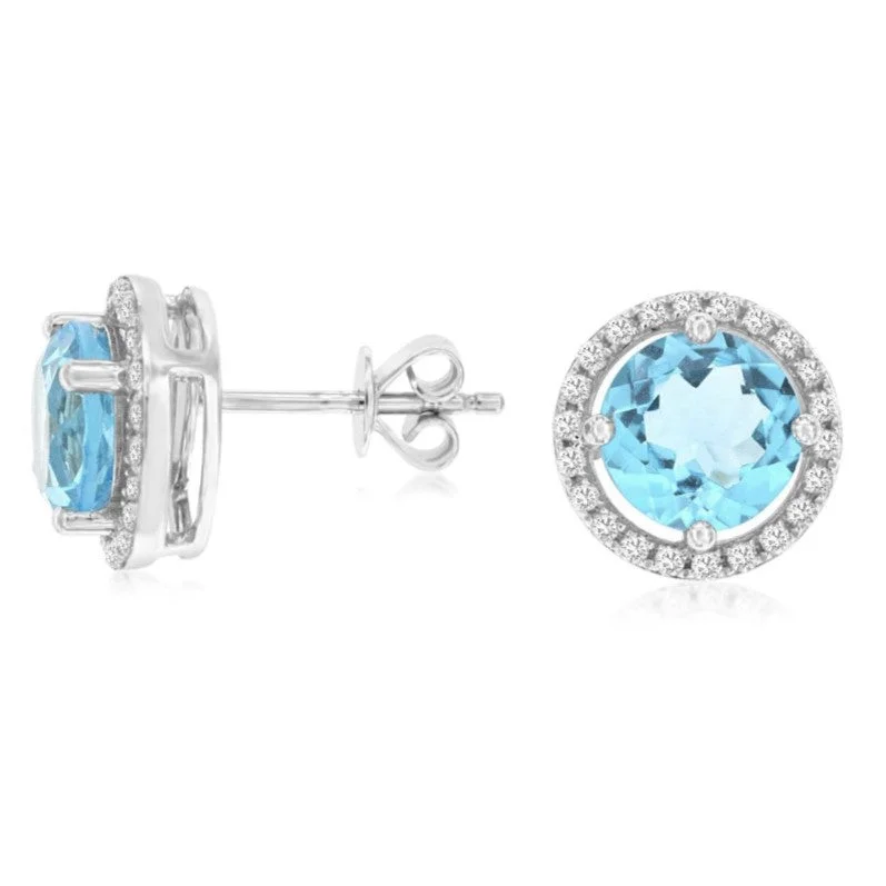 Stud Earrings for Evening Gown -Round Blue Topaz and Diamond Halo Stud Earrings