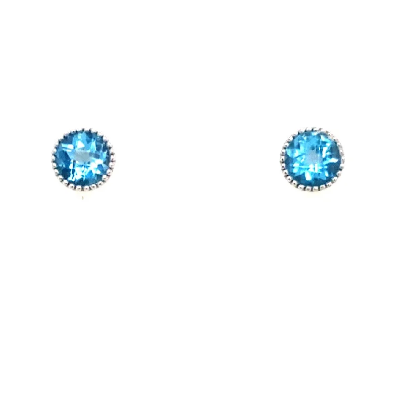 Stud Earrings for Concert Look -Round Blue Topaz and Milgrain Edge Stud Earrings