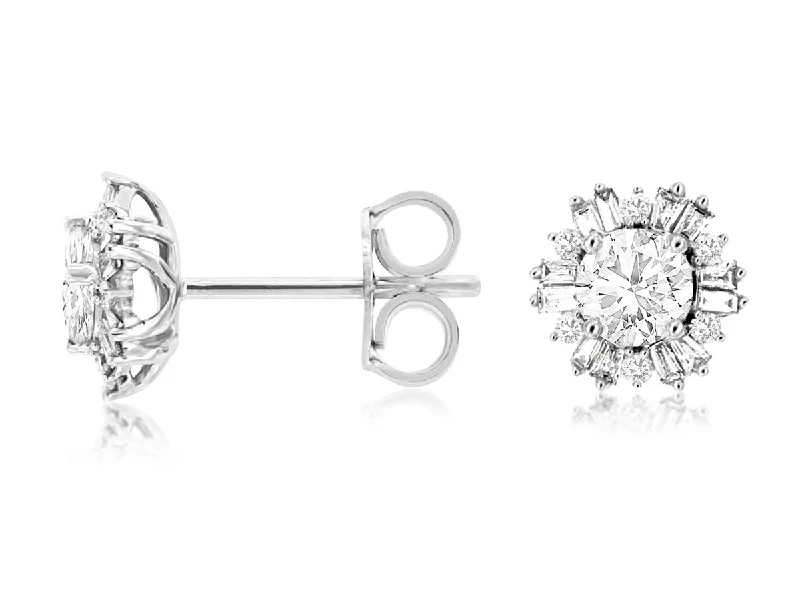 Stud Earrings for School Uniform -Round Diamond and Baguette Diamond Halo Stud Earrings