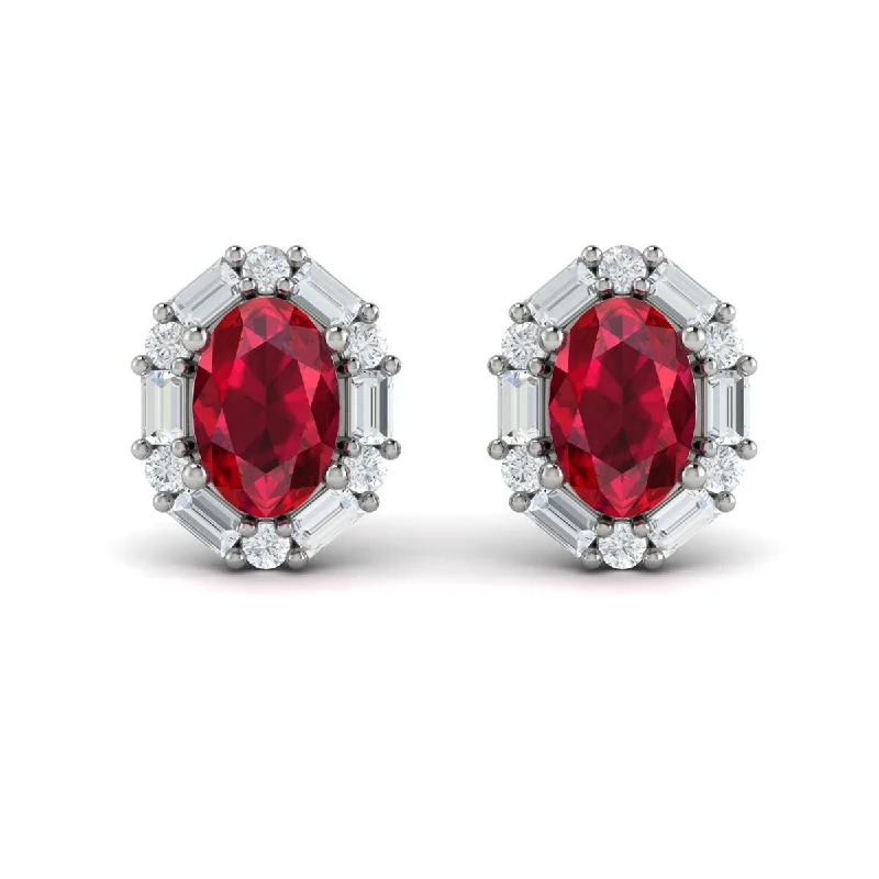 Stud Earrings for Formal Attire -Ruby & Diamond Halo Stud Earrings in 14K White Gold