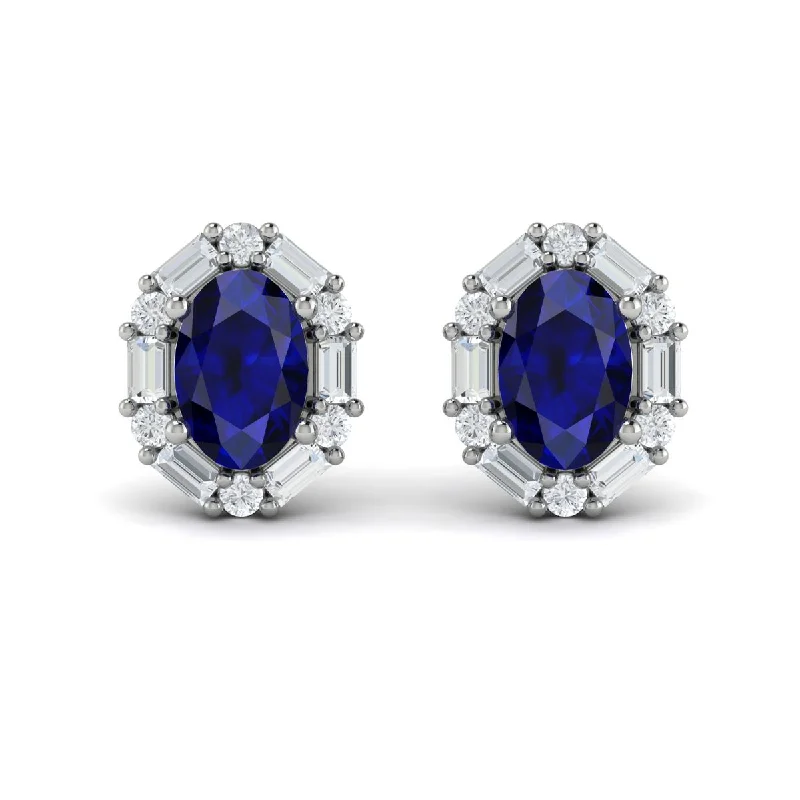 Stud Earrings for Evening Gown -Sapphire & Diamond Halo Stud Earrings in 14K White Gold