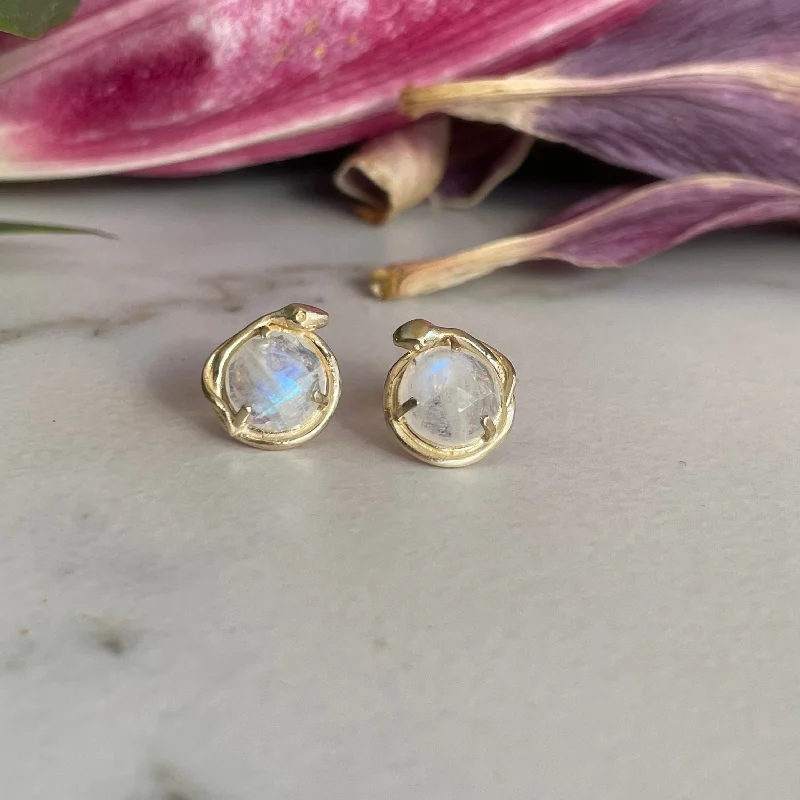 Magnetic Closure Stud Earrings for Easy -Snake Stud Earrings With Rose Cut Moonstone Gold