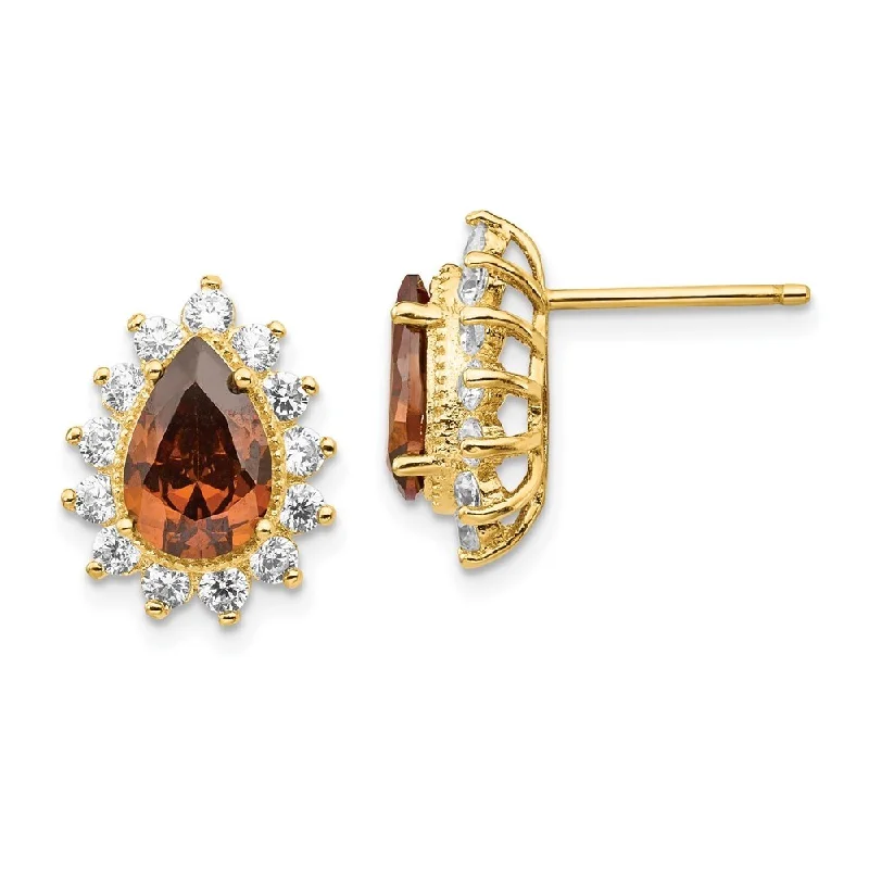 Bohemian Stud Earrings with Tassels -Sterling Silver Gold Plated CZ & Brown CZ Stud Earrings (L-14.37 mm, W-11.33 mm)