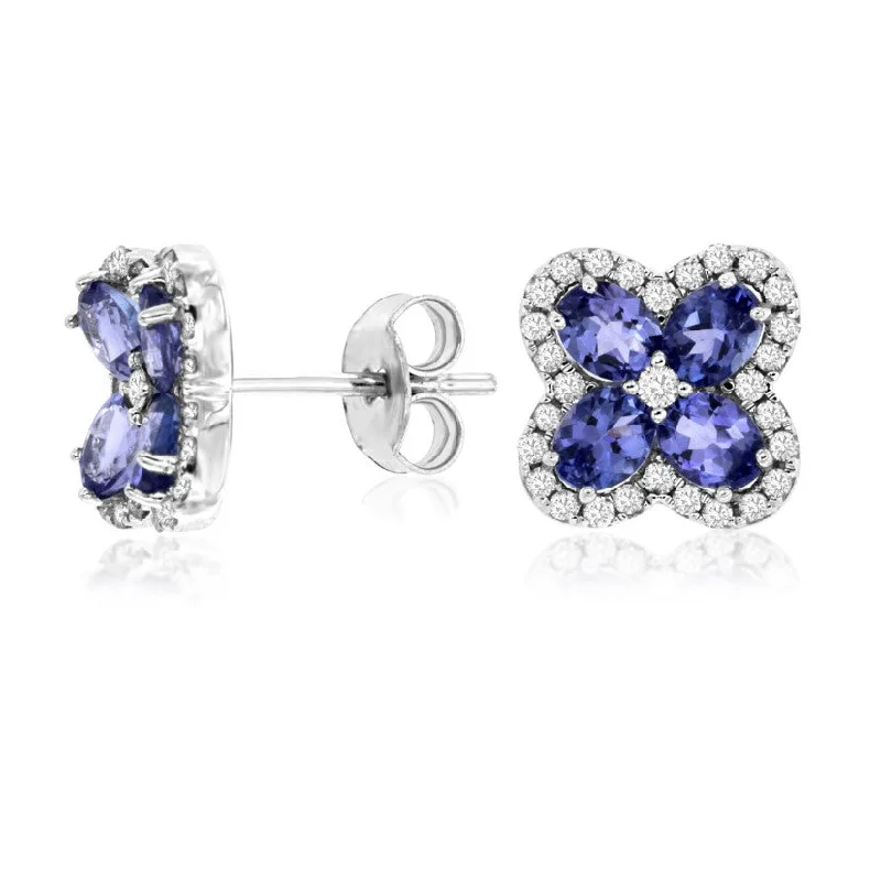 Stud Earrings for Festival Style -Tanzanite and Diamond Halo Flower Design Stud Earrings