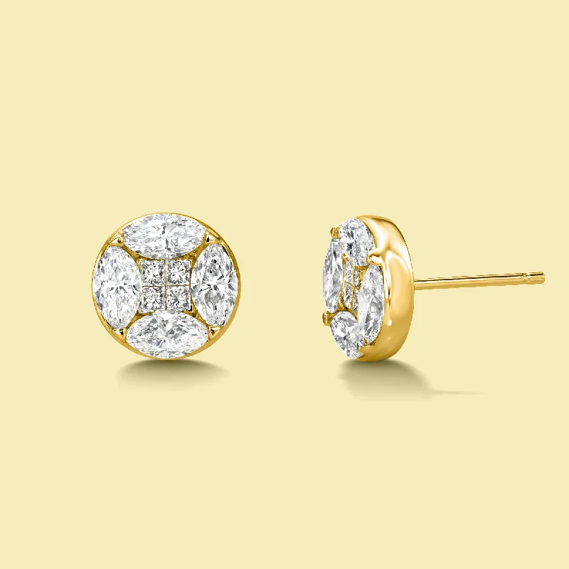 Stud Earrings with Polished Shine -The Rachel, Round Illusion Diamond Stud Earrings