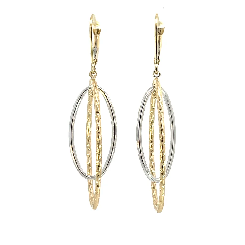 Screw Back Drop Earrings for Security -10K Two Tone Oval Drop Earrings