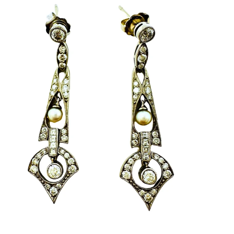 Maximalist Drop Earrings for Bling -14-18K White Gold Diamond Dangle Earrings with 2 Cultured Pearls