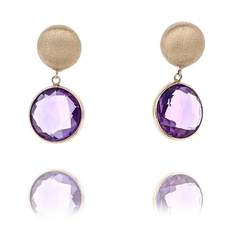 Push Back Drop Earrings for Convenience -14 Karat Yellow Gold Satin Flat Bead Amethyst Stud Earrings