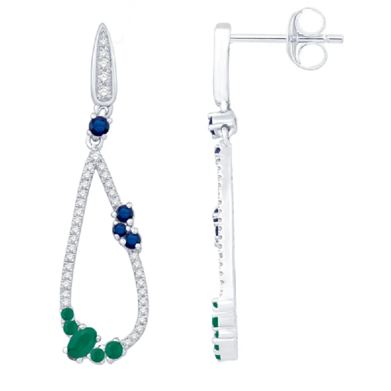 Clip On Drop Earrings for Non Pierced -14k Diamond Drop Earrings with Sapphire and Emerald