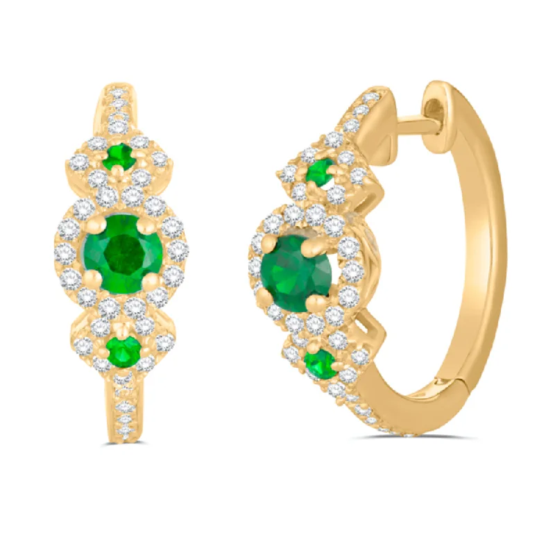 Drop Earrings with Filigree Work -14k Emerald & Diamond Hoop Earrings