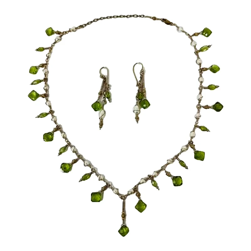 Adjustable Drop Earrings for Custom Fit -14K Gold Necklace with Peridot and Pearl with Matching Earrings