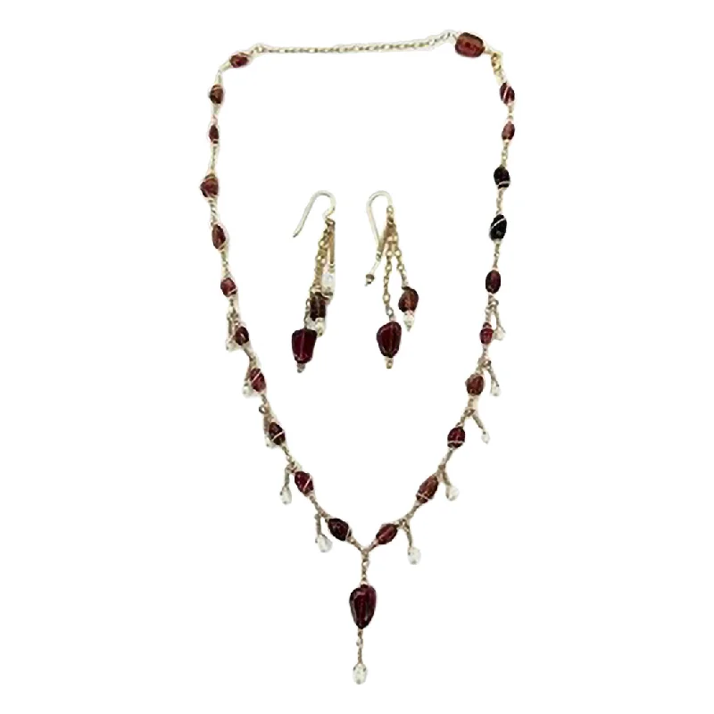 Gothic Drop Earrings with Dark Tone -14K Gold Necklace with Tourmaline and Pearl with Matching Earrings