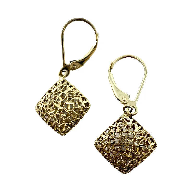 Waterproof Drop Earrings for Outdoor -14K Gold Square Filigree Dangle Earrings