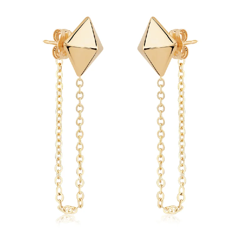 Drop Earrings with Polished Shine -14k Pyramid Post Earrings with Chain