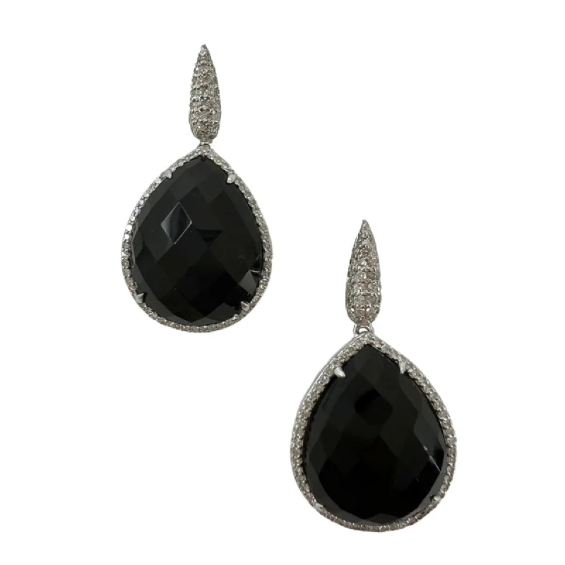 Drop Earrings with Embossed Patterns -14K White Gold Drop Earrings with Teardrop Shaped Onyx and Diamonds