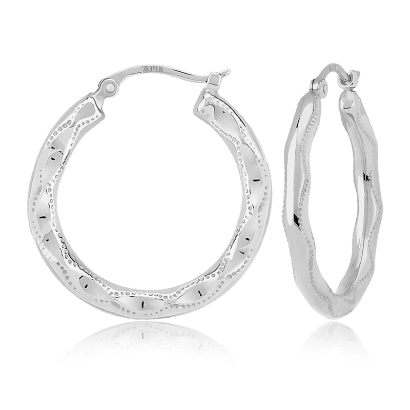 Bohemian Drop Earrings with Tassels -14k White Gold Embossed Hoop Earrings