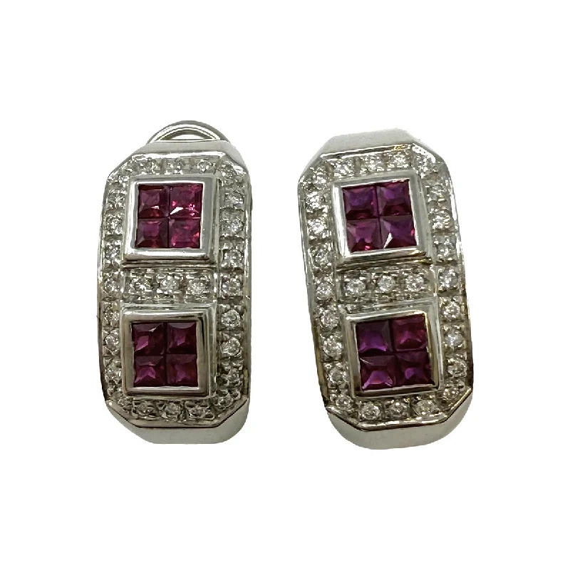 Drop Earrings for Wedding Ceremony -14K White Gold Huggie Earrings with Ruby and Diamonds