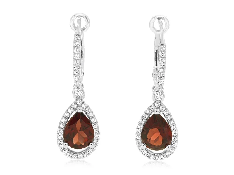 Maximalist Drop Earrings for Bling -14K White Gold Garnet and Diamond Teardrop Dangle Earrings