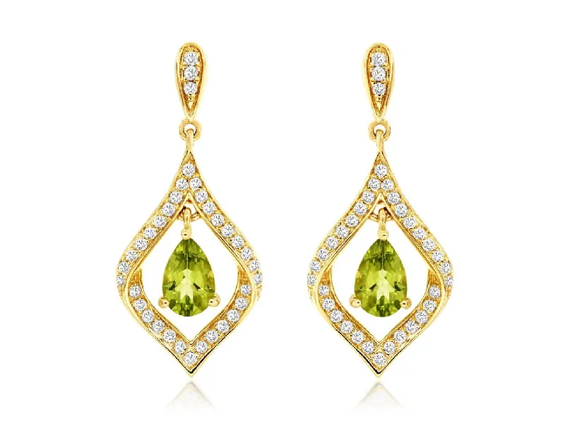 Minimalist Drop Earrings with Simplicity -14K Yellow Gold Pear Shaped Peridot and Diamond Drop Earrings