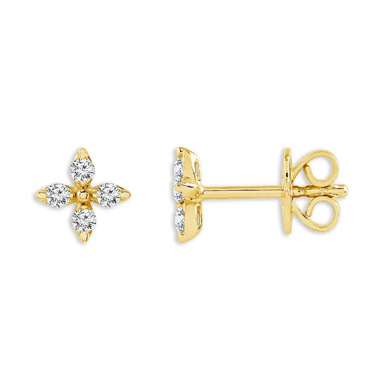 Lightweight Drop Earrings for All Day -14K Yellow Gold Petite Floral Inspired Diamond Stud Earrings