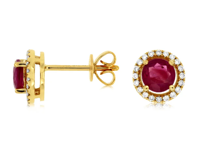 Ethnic Drop Earrings with Tribal Design -14K Yellow Gold Ruby and Diamond Stud Earrings