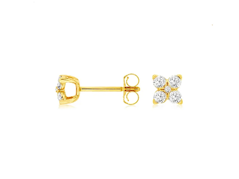 Drop Earrings with Hammered Finish -14K Yellow Gold Diamond Flower Stud Earrings