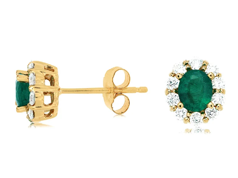 Studded Drop Earrings with Gemstones -14K Yellow Gold Emerald and Diamond Stud Earrings