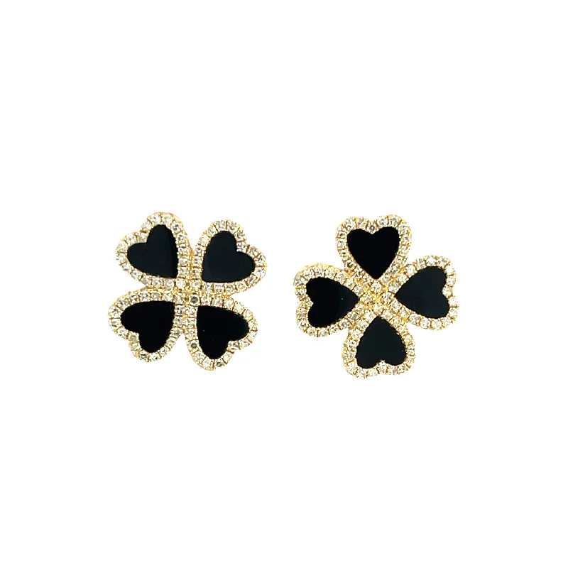 Rhinestone Drop Earrings for Sparkle -14K Yellow Gold Onyx and Diamond Heart Earrings