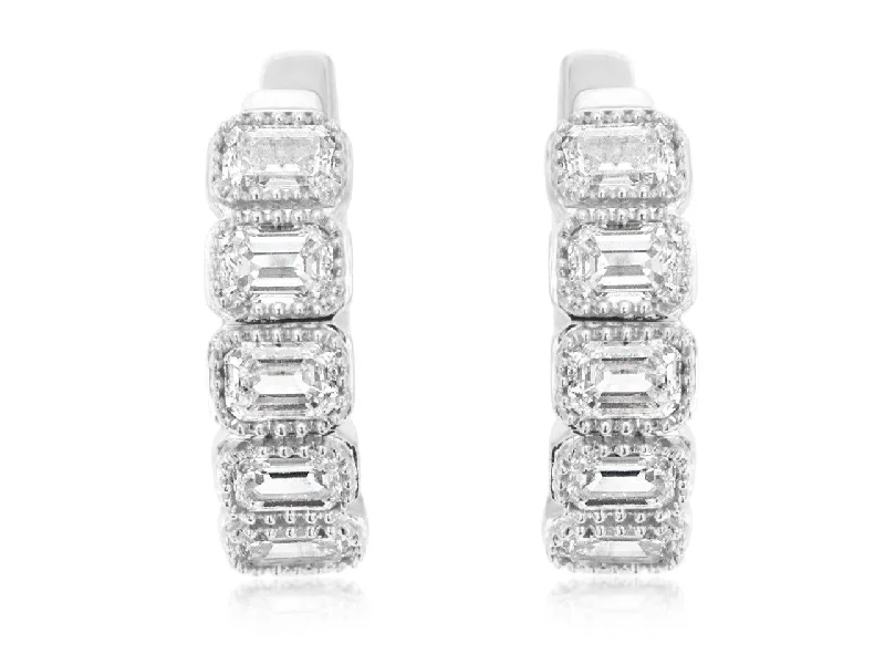 Triangular Drop Earrings for Edge -14K White Gold Mini Bezel Set Baguette Hoop Earrings