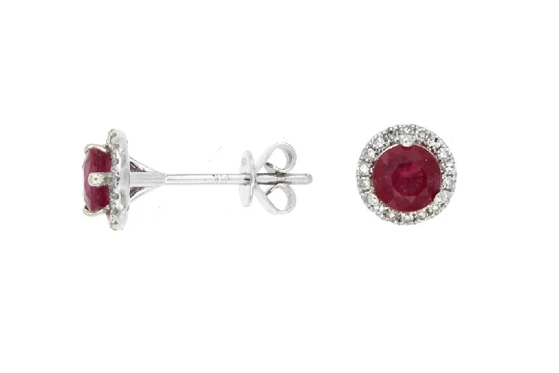 Floral Drop Earrings with Petals -14K White Gold Ruby and Diamond Stud Earrings