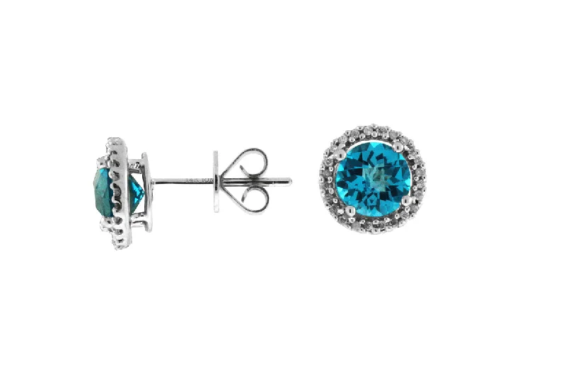 Hippie Drop Earrings with Beads -14K White Gold Blue Topaz and Diamond Stud Earrings