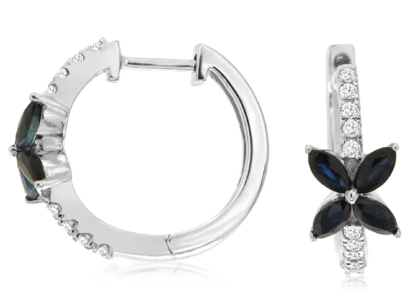 Long Drop Earrings for Dramatic -14K White Gold Sapphire and Diamond Flower Design Huggie Earrings