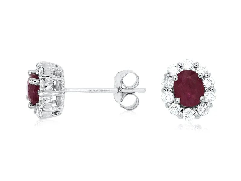 Drop Earrings for Engagement Party -14K White Gold Ruby and Diamond Stud Earrings