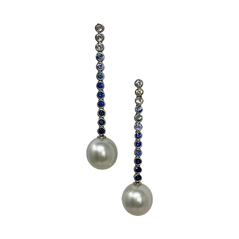 Drop Earrings with Floral Motifs -18K White Gold Drop Earrings with Sapphire and South Sea Pearl