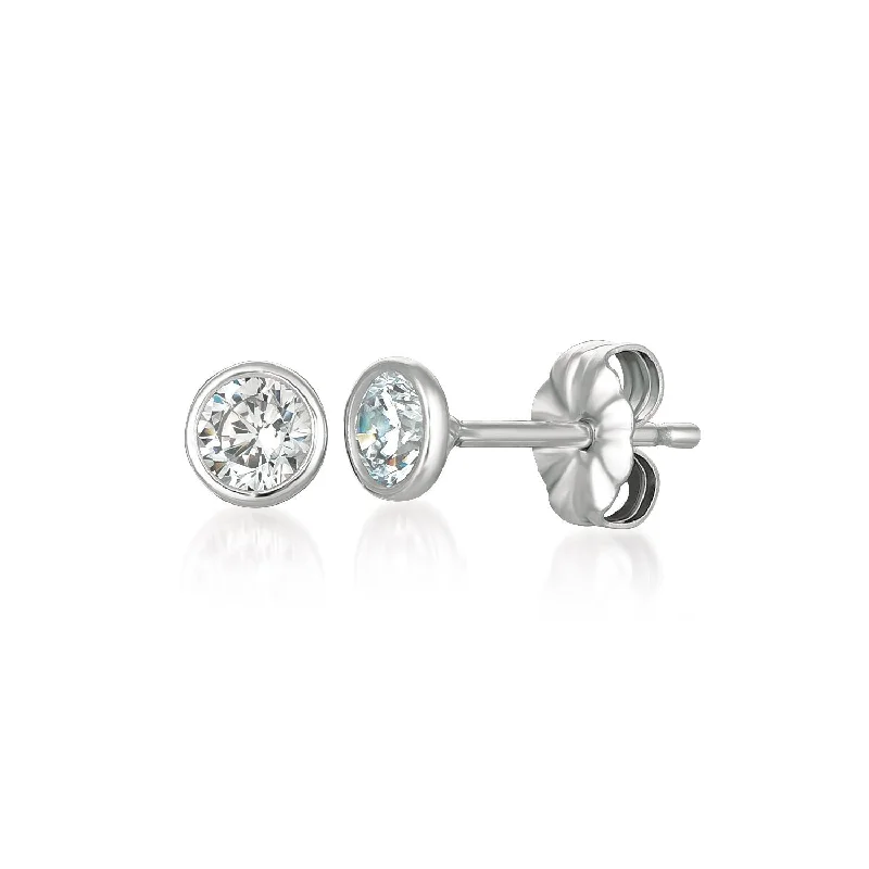 Drop Earrings with Embossed Patterns -Solitaire Bezel Set Earrings Finished in Pure Platinum - 4.0 Cttw