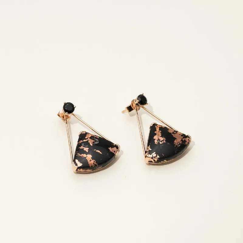 Long Drop Earrings for Dramatic -Black Onyx with Copper Plumes and Black Spinel Drop Earrings in 14k Rose Gold