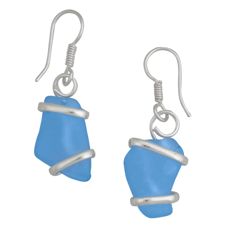 Gold Drop Earrings for Women -Blue Pompano Beach Glass Freeform Earrings