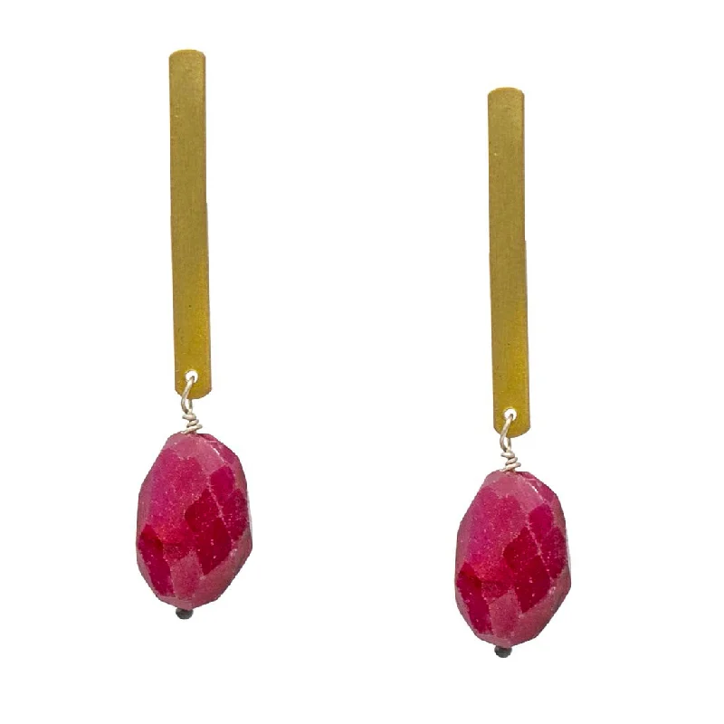 Drop Earrings for Formal Attire -Brass Bar & Ruby Earrings