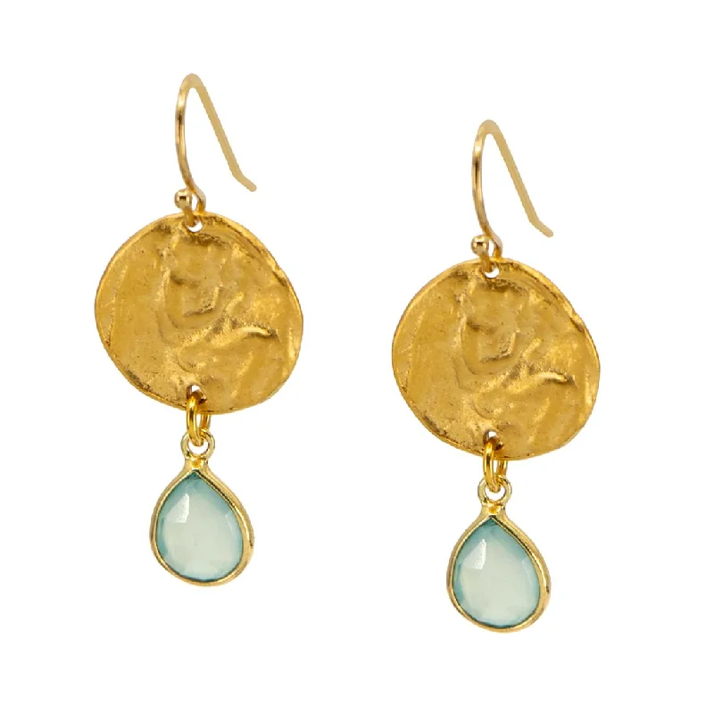 Drop Earrings with Hammered Finish -Chalcedony Angel Medallion Earrings