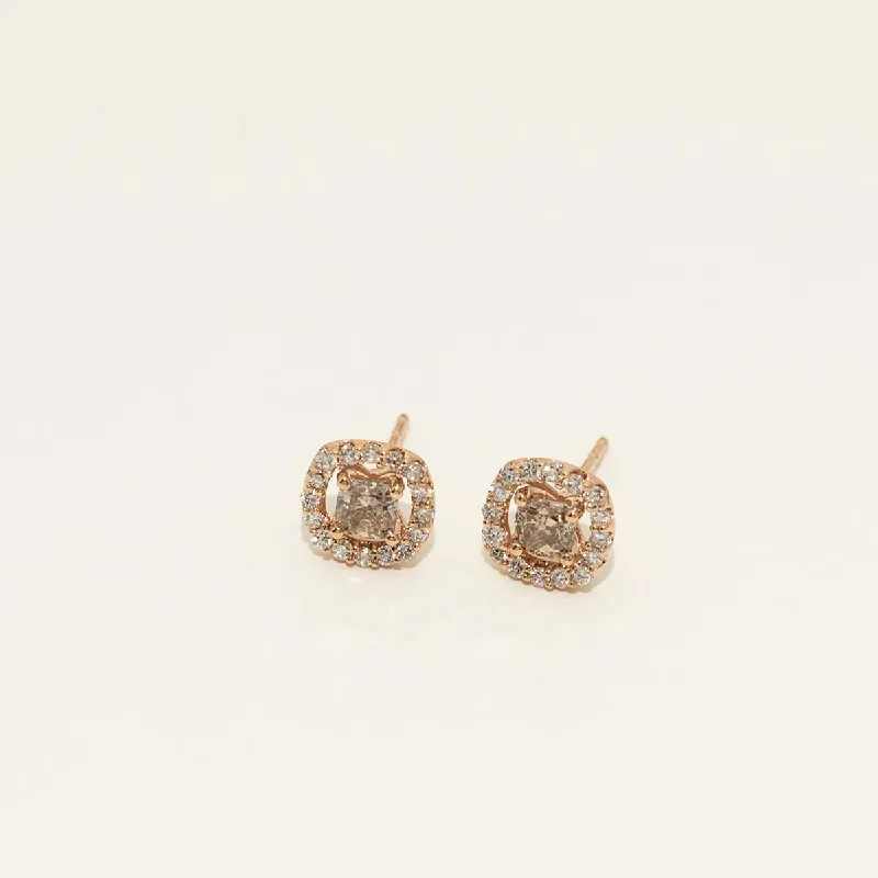 Silver Drop Earrings for Men -Champagne Diamond Halo Earrings in 14kt Rose Gold (1ct tw)