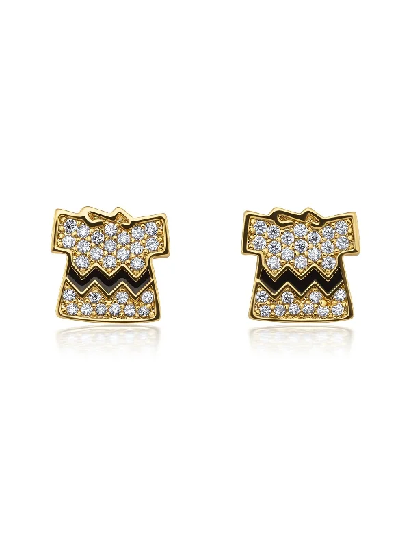 Drop Earrings with Debossed Designs -Charlie Brown's Shirt Brass Earrings Finished in 18kt Yellow Gold