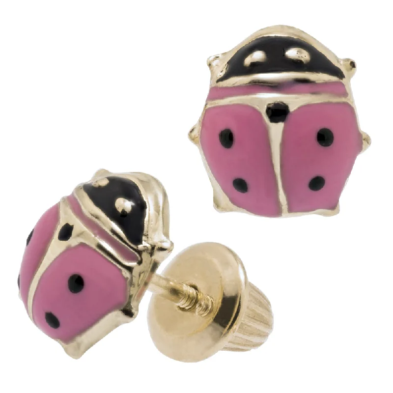 Drop Earrings with Debossed Designs -Children's 14k Gold Pink Lady Bug Earrings