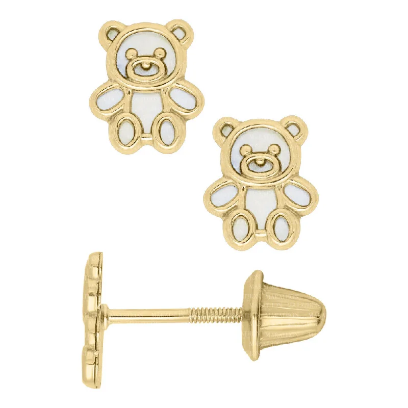 Screw Back Drop Earrings for Security -14k Children's Gold Teddy Bear Mother of Pearl Earrings