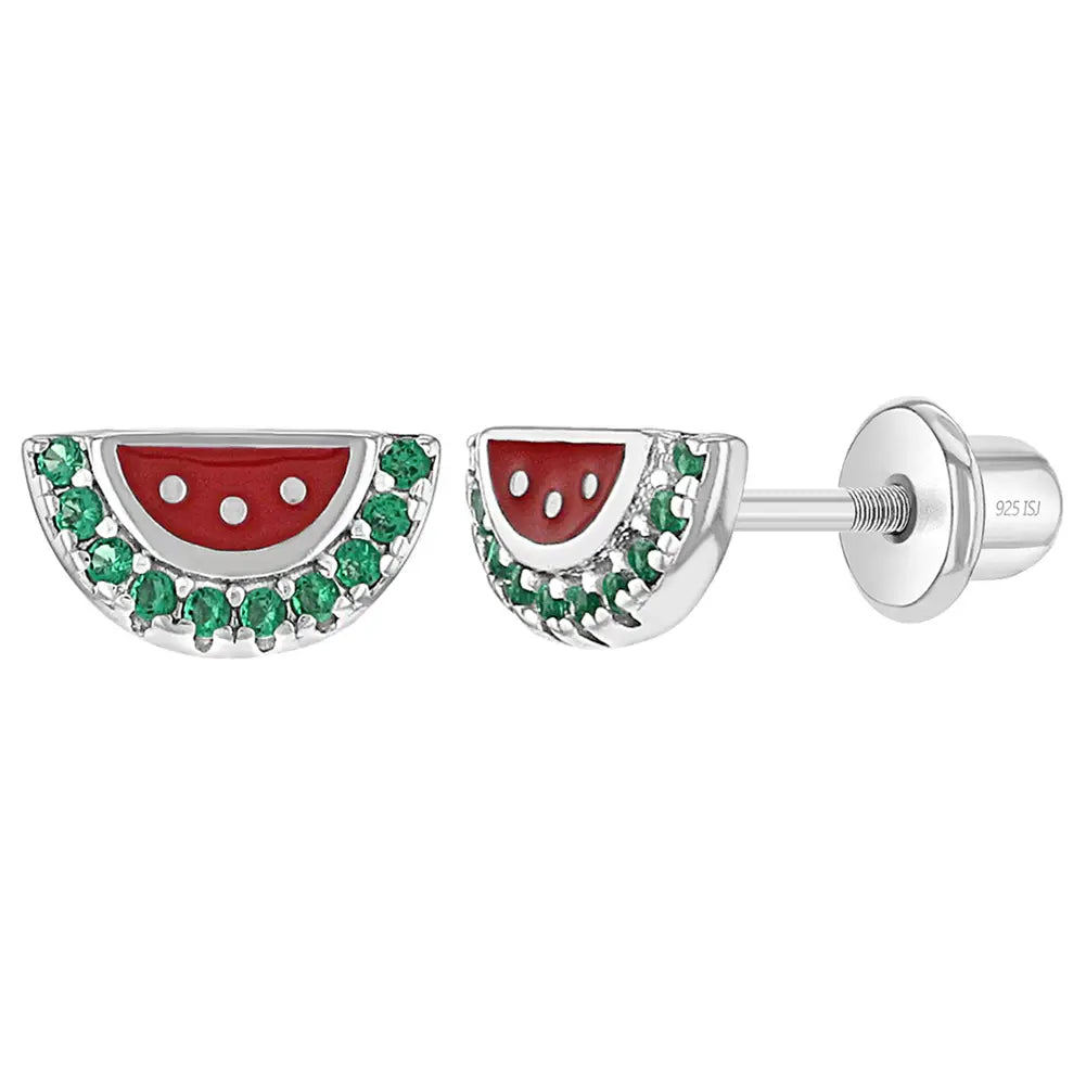 Drop Earrings with Abstract Designs -Children's Sterling Silver CZ & Enamel Watermelon Stud Earrings