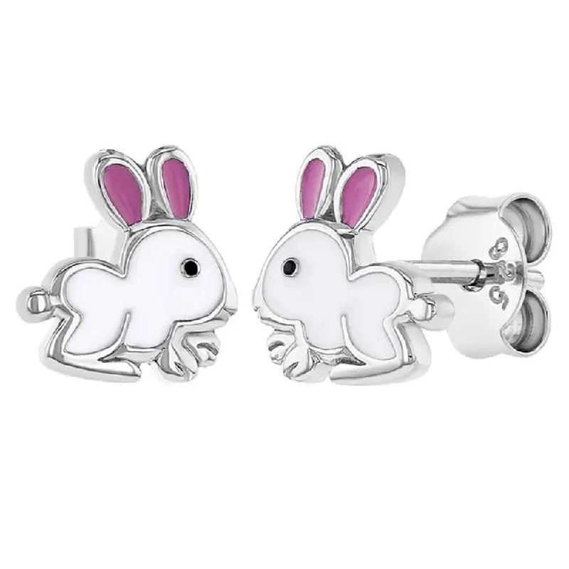 Drop Earrings with Embossed Patterns -Children's Sterling Silver & Enamel Bunny Stud Earrings