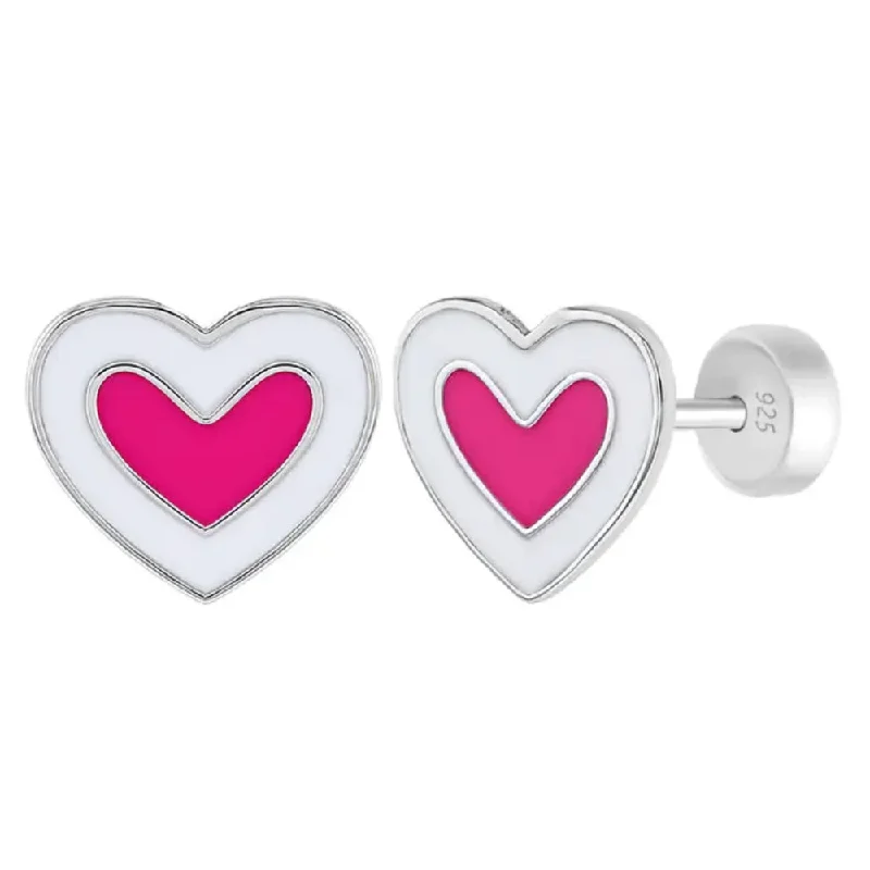 Drop Earrings for Wedding Ceremony -Children's Sterling Silver & Enamel Heart Stud Earrings