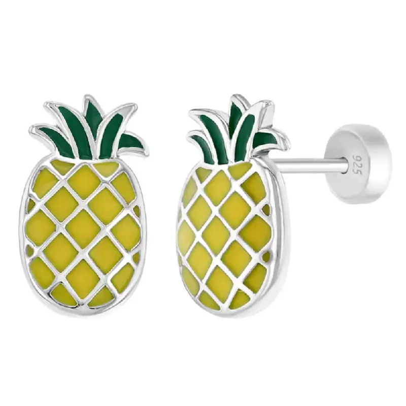 Short Drop Earrings for Subtle -Children's Sterling Silver & Enamel Pineapple Stud Earrings