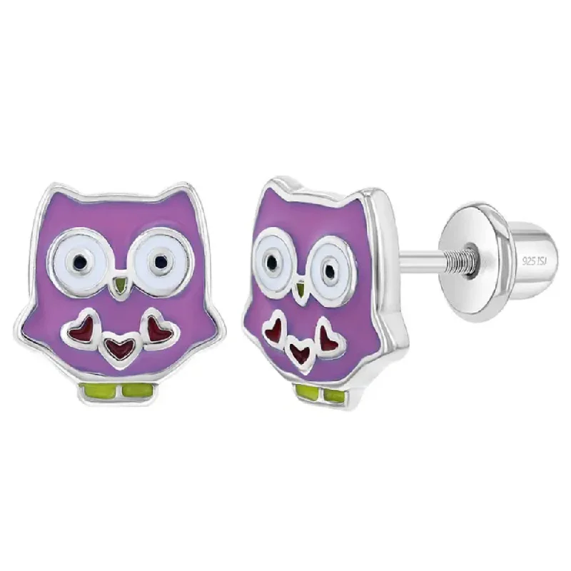 Drop Earrings for Graduation Day -Children's Sterling Silver Enamel Purple Owl Stud Earrings